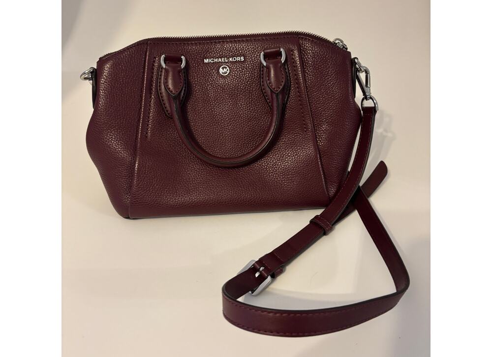 Michael Kors Burgundy Pebbled Leather Satchel Crossbody Bag Silver Hardware